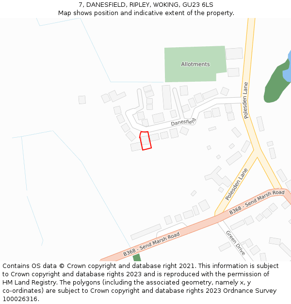 7, DANESFIELD, RIPLEY, WOKING, GU23 6LS: Location map and indicative extent of plot