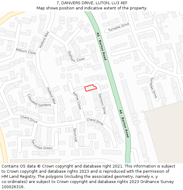 7, DANVERS DRIVE, LUTON, LU3 4EF: Location map and indicative extent of plot