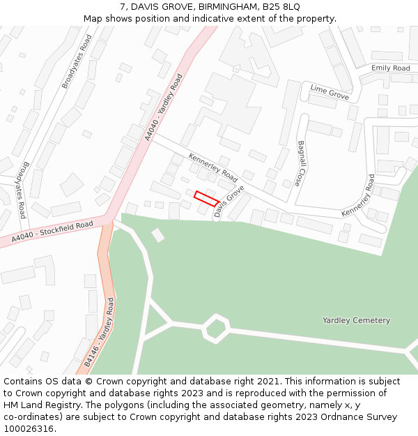 7, DAVIS GROVE, BIRMINGHAM, B25 8LQ: Location map and indicative extent of plot