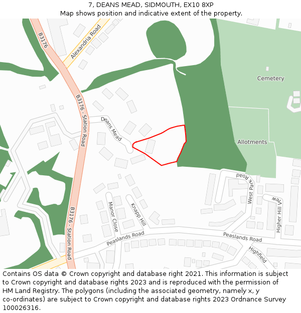 7, DEANS MEAD, SIDMOUTH, EX10 8XP: Location map and indicative extent of plot