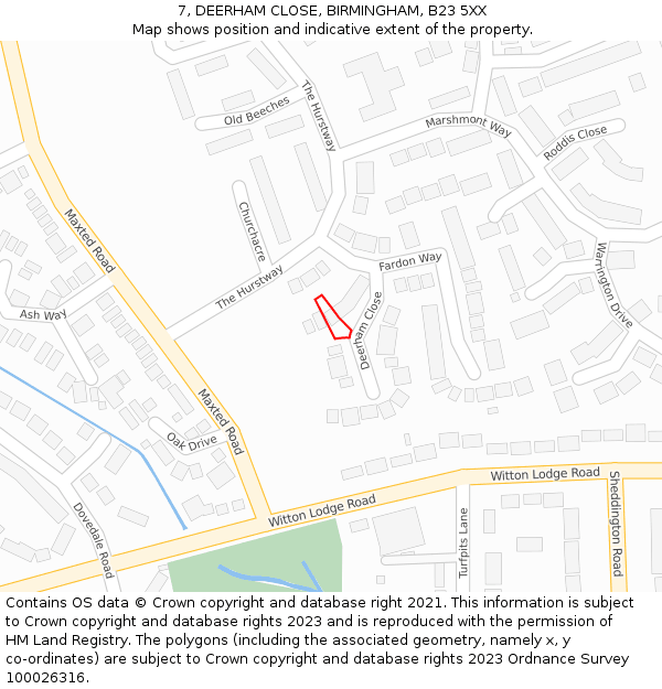 7, DEERHAM CLOSE, BIRMINGHAM, B23 5XX: Location map and indicative extent of plot