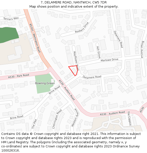 7, DELAMERE ROAD, NANTWICH, CW5 7DR: Location map and indicative extent of plot