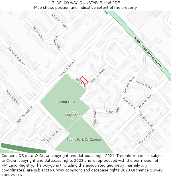 7, DELCO WAY, DUNSTABLE, LU6 1DE: Location map and indicative extent of plot