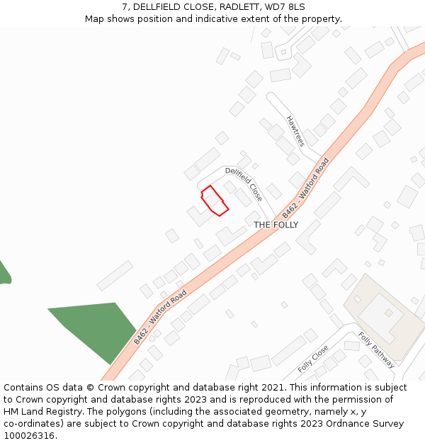 7, DELLFIELD CLOSE, RADLETT, WD7 8LS: Location map and indicative extent of plot