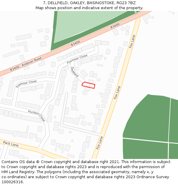 7, DELLFIELD, OAKLEY, BASINGSTOKE, RG23 7BZ: Location map and indicative extent of plot