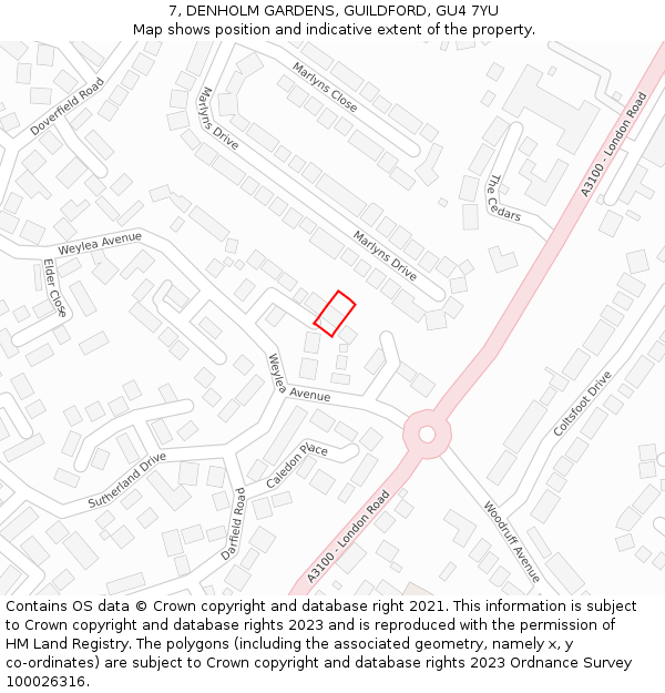 7, DENHOLM GARDENS, GUILDFORD, GU4 7YU: Location map and indicative extent of plot