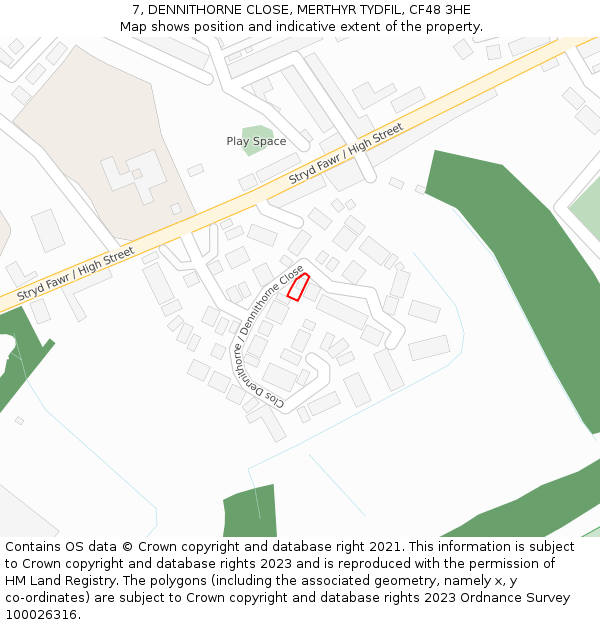 7, DENNITHORNE CLOSE, MERTHYR TYDFIL, CF48 3HE: Location map and indicative extent of plot