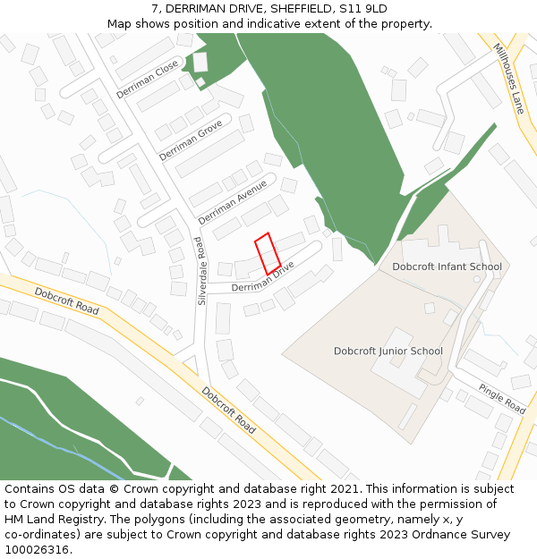 7, DERRIMAN DRIVE, SHEFFIELD, S11 9LD: Location map and indicative extent of plot
