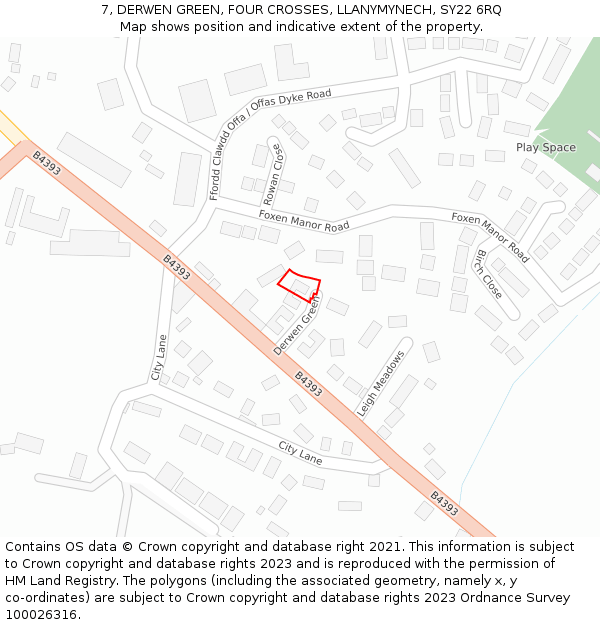 7, DERWEN GREEN, FOUR CROSSES, LLANYMYNECH, SY22 6RQ: Location map and indicative extent of plot