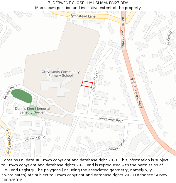 7, DERWENT CLOSE, HAILSHAM, BN27 3DA: Location map and indicative extent of plot