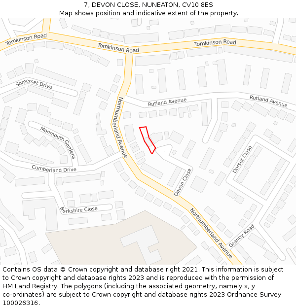 7, DEVON CLOSE, NUNEATON, CV10 8ES: Location map and indicative extent of plot