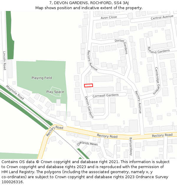 7, DEVON GARDENS, ROCHFORD, SS4 3AJ: Location map and indicative extent of plot