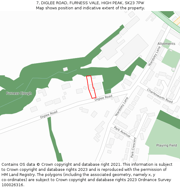 7, DIGLEE ROAD, FURNESS VALE, HIGH PEAK, SK23 7PW: Location map and indicative extent of plot