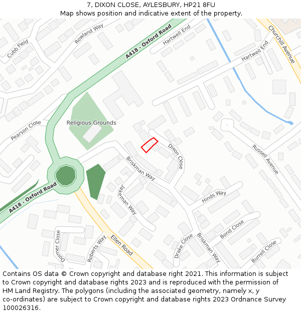 7, DIXON CLOSE, AYLESBURY, HP21 8FU: Location map and indicative extent of plot