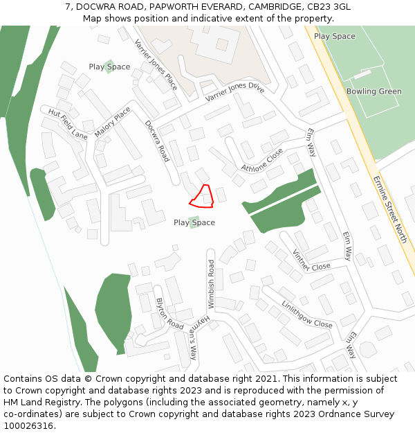7, DOCWRA ROAD, PAPWORTH EVERARD, CAMBRIDGE, CB23 3GL: Location map and indicative extent of plot