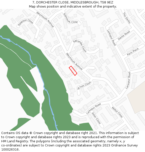 7, DORCHESTER CLOSE, MIDDLESBROUGH, TS8 9EZ: Location map and indicative extent of plot