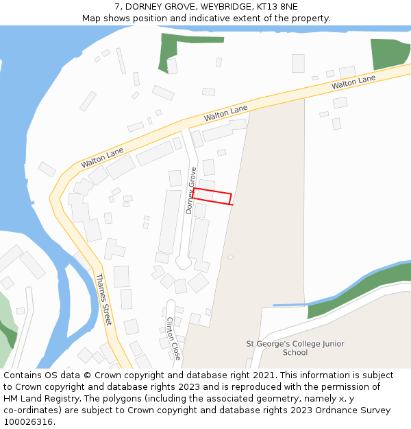 7, DORNEY GROVE, WEYBRIDGE, KT13 8NE: Location map and indicative extent of plot