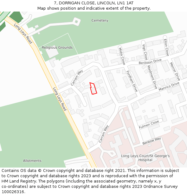 7, DORRIGAN CLOSE, LINCOLN, LN1 1AT: Location map and indicative extent of plot