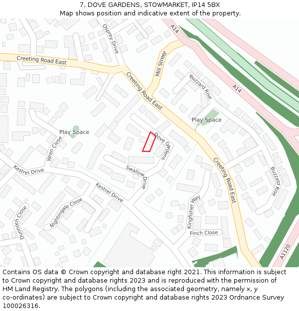 7, DOVE GARDENS, STOWMARKET, IP14 5BX: Location map and indicative extent of plot