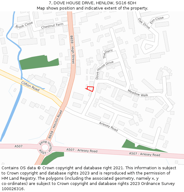 7, DOVE HOUSE DRIVE, HENLOW, SG16 6DH: Location map and indicative extent of plot