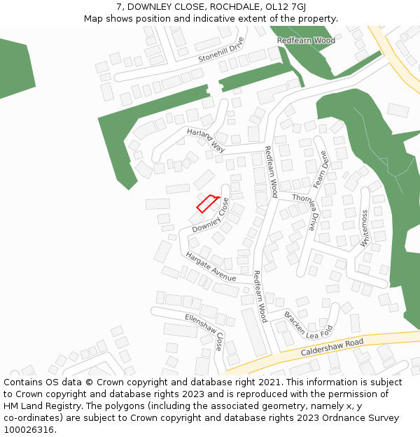 7, DOWNLEY CLOSE, ROCHDALE, OL12 7GJ: Location map and indicative extent of plot