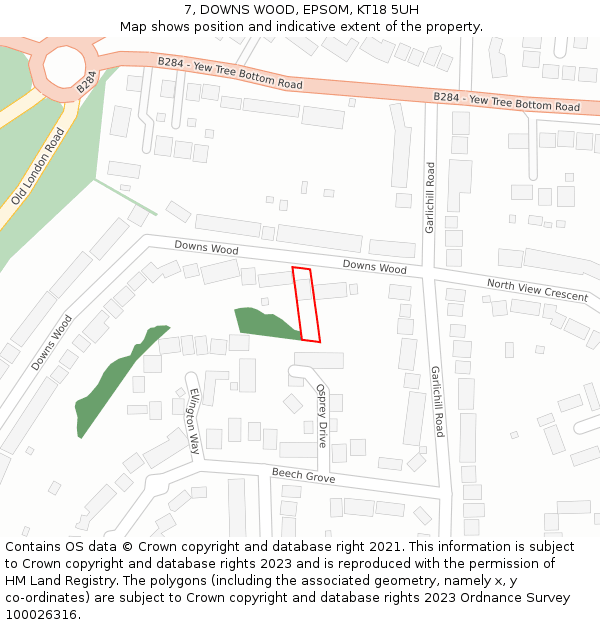 7, DOWNS WOOD, EPSOM, KT18 5UH: Location map and indicative extent of plot