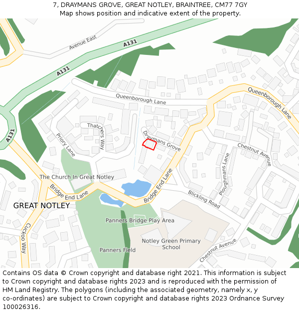 7, DRAYMANS GROVE, GREAT NOTLEY, BRAINTREE, CM77 7GY: Location map and indicative extent of plot