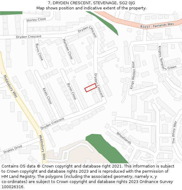 7, DRYDEN CRESCENT, STEVENAGE, SG2 0JG: Location map and indicative extent of plot