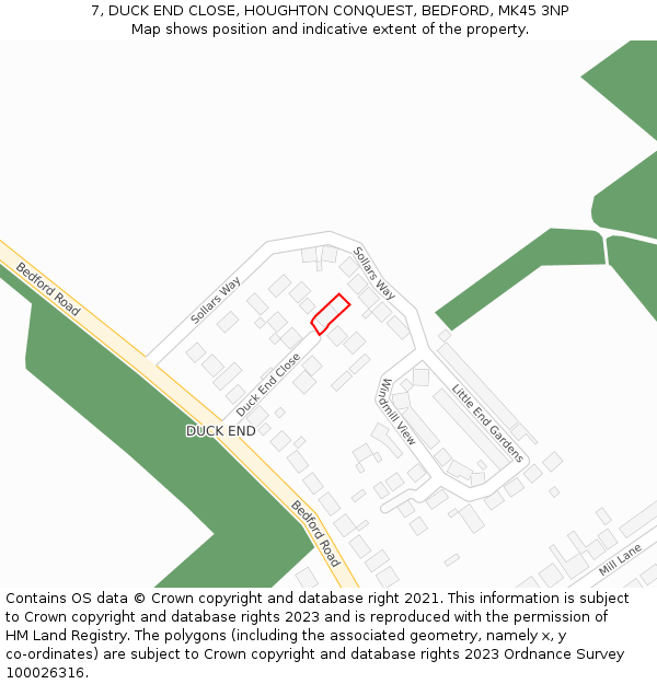 7, DUCK END CLOSE, HOUGHTON CONQUEST, BEDFORD, MK45 3NP: Location map and indicative extent of plot