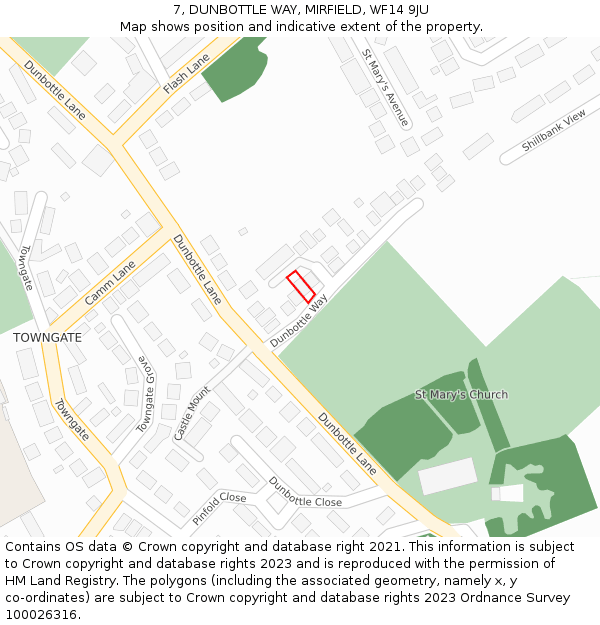 7, DUNBOTTLE WAY, MIRFIELD, WF14 9JU: Location map and indicative extent of plot