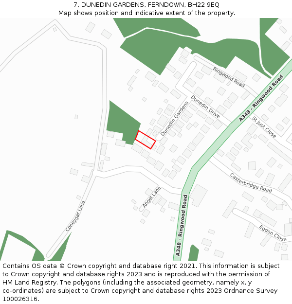 7, DUNEDIN GARDENS, FERNDOWN, BH22 9EQ: Location map and indicative extent of plot