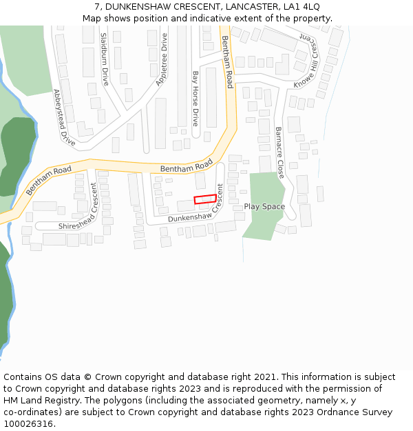 7, DUNKENSHAW CRESCENT, LANCASTER, LA1 4LQ: Location map and indicative extent of plot