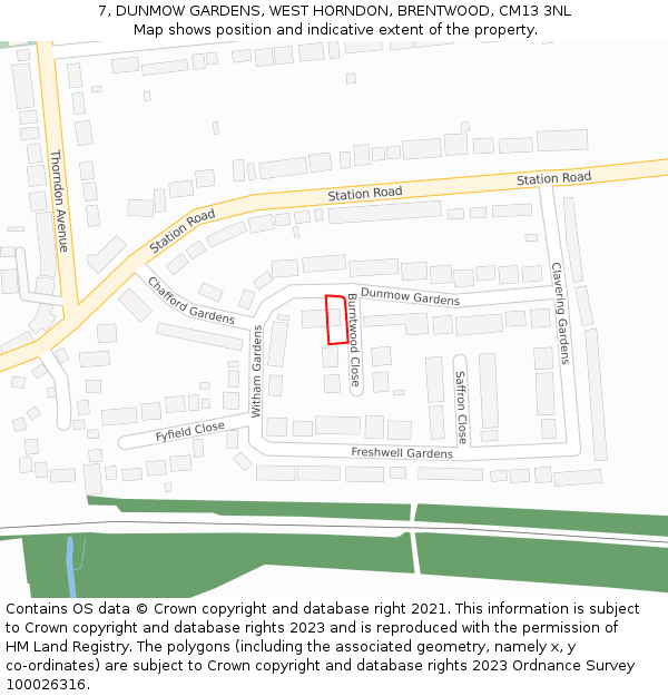7, DUNMOW GARDENS, WEST HORNDON, BRENTWOOD, CM13 3NL: Location map and indicative extent of plot