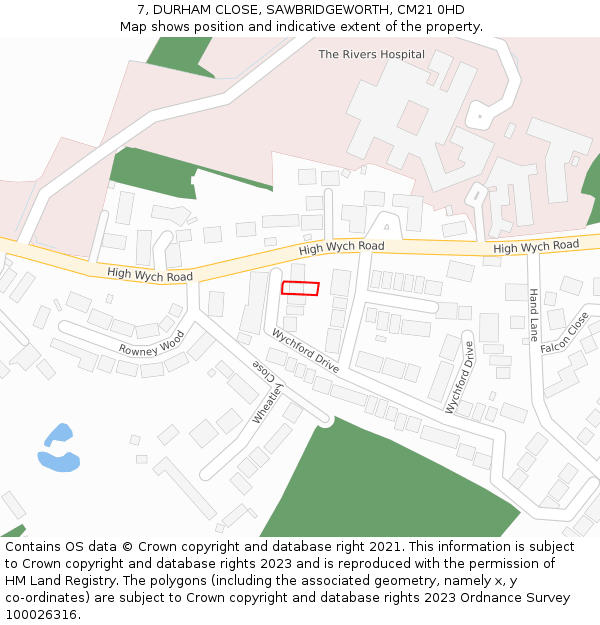7, DURHAM CLOSE, SAWBRIDGEWORTH, CM21 0HD: Location map and indicative extent of plot
