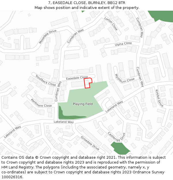 7, EASEDALE CLOSE, BURNLEY, BB12 8TR: Location map and indicative extent of plot