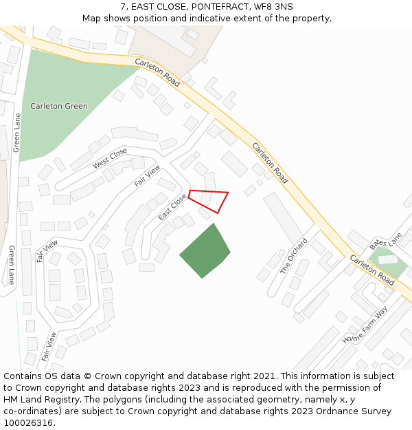 7, EAST CLOSE, PONTEFRACT, WF8 3NS: Location map and indicative extent of plot