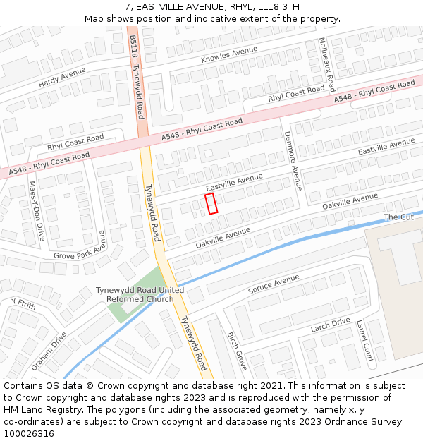 7, EASTVILLE AVENUE, RHYL, LL18 3TH: Location map and indicative extent of plot