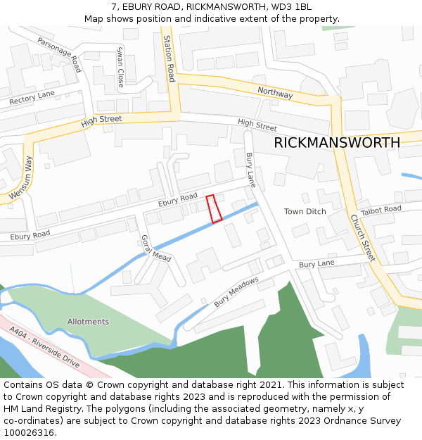 7, EBURY ROAD, RICKMANSWORTH, WD3 1BL: Location map and indicative extent of plot