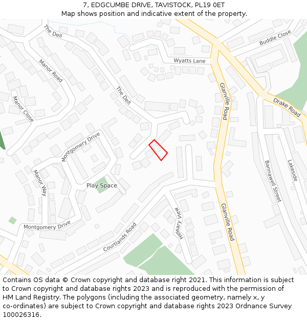 7, EDGCUMBE DRIVE, TAVISTOCK, PL19 0ET: Location map and indicative extent of plot