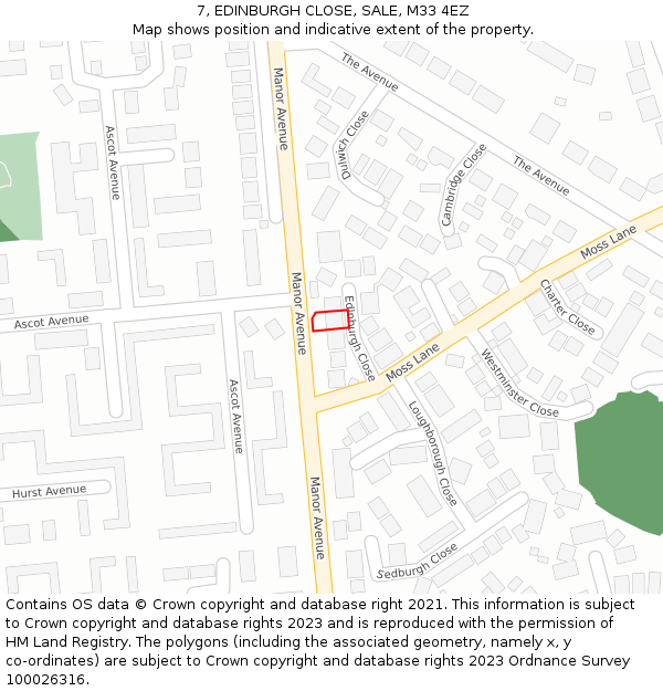 7, EDINBURGH CLOSE, SALE, M33 4EZ: Location map and indicative extent of plot