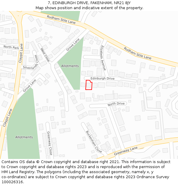 7, EDINBURGH DRIVE, FAKENHAM, NR21 8JY: Location map and indicative extent of plot