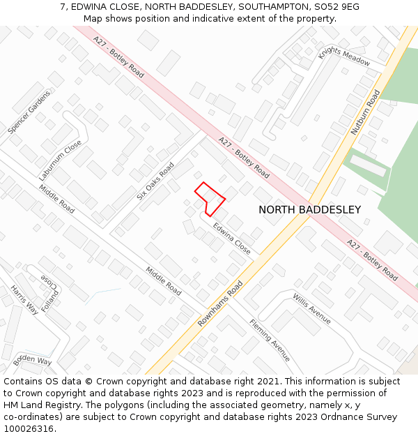 7, EDWINA CLOSE, NORTH BADDESLEY, SOUTHAMPTON, SO52 9EG: Location map and indicative extent of plot