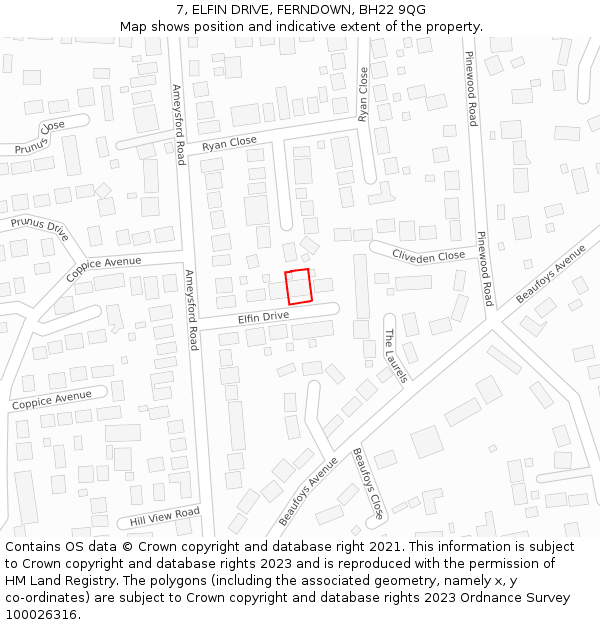 7, ELFIN DRIVE, FERNDOWN, BH22 9QG: Location map and indicative extent of plot