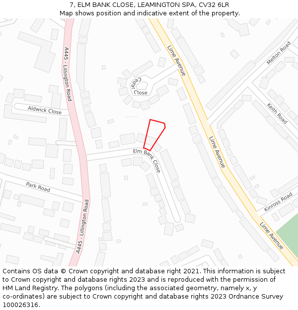 7, ELM BANK CLOSE, LEAMINGTON SPA, CV32 6LR: Location map and indicative extent of plot