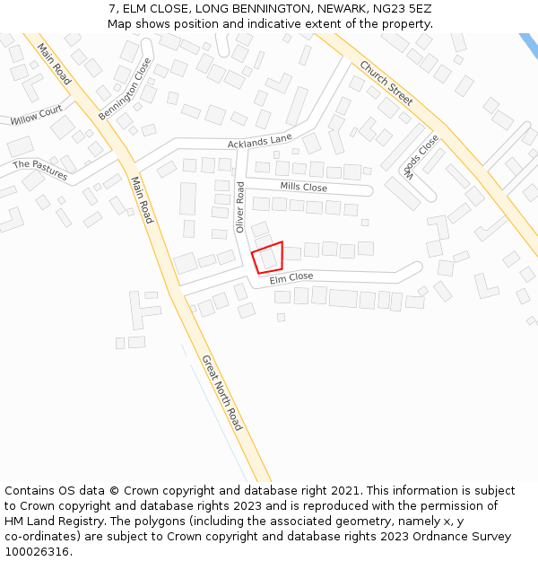 7, ELM CLOSE, LONG BENNINGTON, NEWARK, NG23 5EZ: Location map and indicative extent of plot