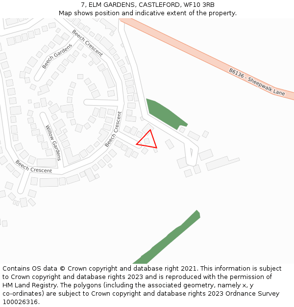 7, ELM GARDENS, CASTLEFORD, WF10 3RB: Location map and indicative extent of plot