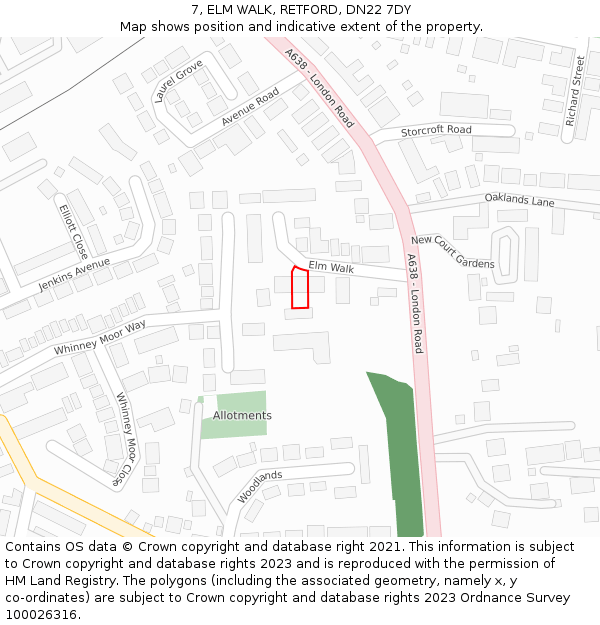 7, ELM WALK, RETFORD, DN22 7DY: Location map and indicative extent of plot