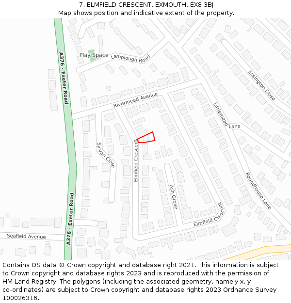 7, ELMFIELD CRESCENT, EXMOUTH, EX8 3BJ: Location map and indicative extent of plot