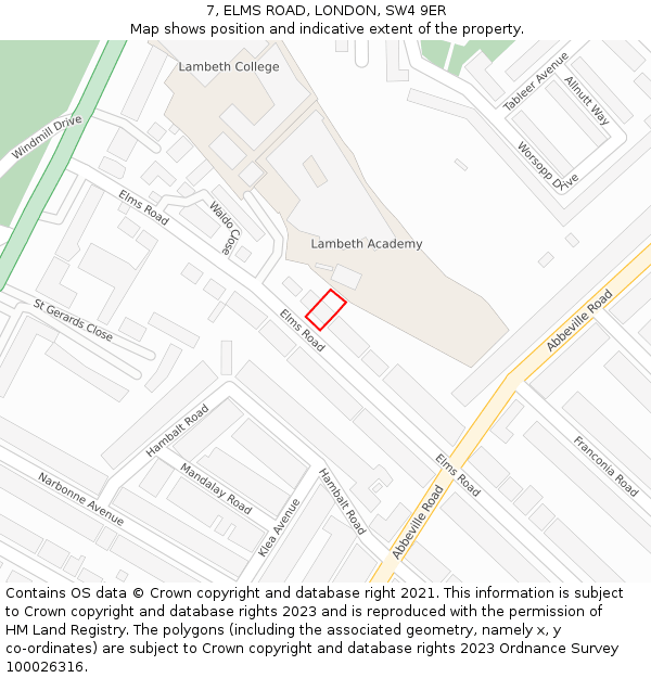 7, ELMS ROAD, LONDON, SW4 9ER: Location map and indicative extent of plot