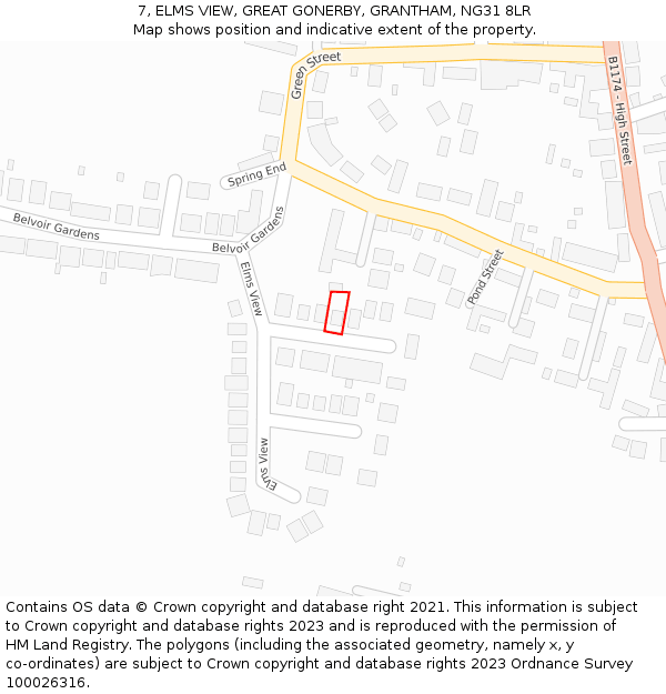 7, ELMS VIEW, GREAT GONERBY, GRANTHAM, NG31 8LR: Location map and indicative extent of plot